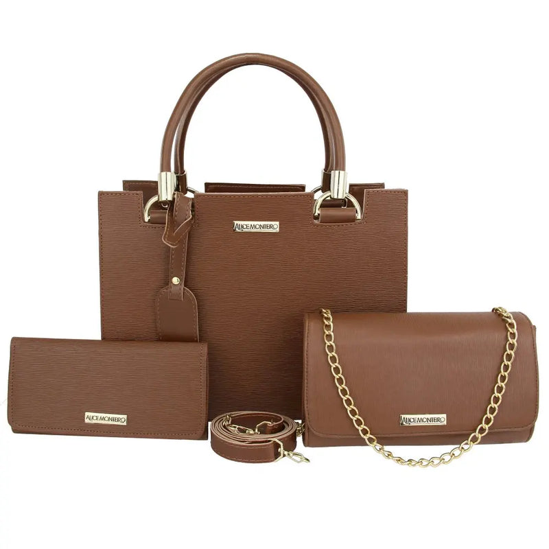 Kit Bolsa Feminina Nude 3 Peças, Bolsa Baú + Bolsa Clutch + Carteira Promoção