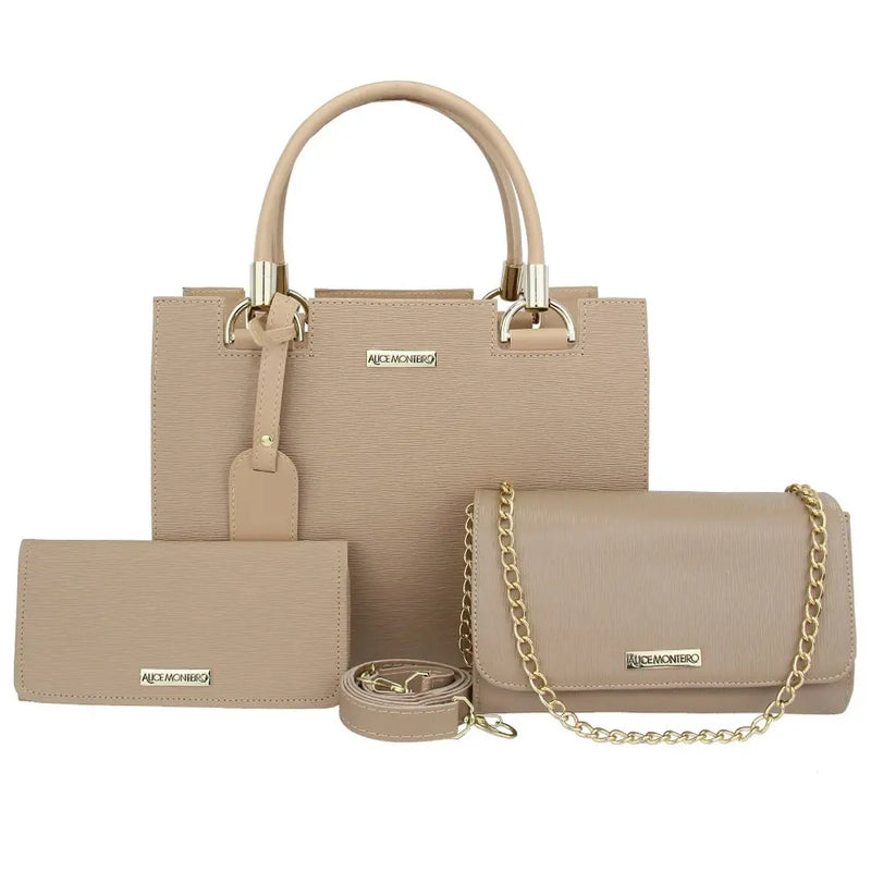 Kit Bolsa Feminina Nude 3 Peças, Bolsa Baú + Bolsa Clutch + Carteira Promoção