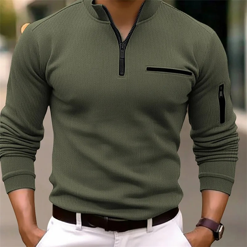 Nova camisa polo masculina de luxo leve e casual, estilo retrô esportivo, com zíper listrado no braço, ideal para moda ao ar livre e mangas longas.