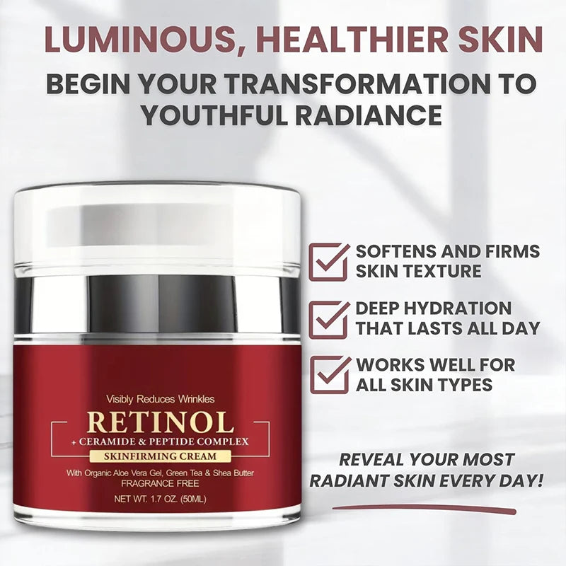 Instant Retinol Cream Wrinkle Remover Firming Lifting Anti Aging Fade Fine Lines Moisturizing Whitening Korea Repair Skin CareInstant Retinol Cream – Pele Jovem e Radiante!
Recupere a firmeza e luminosidade da sua pele com