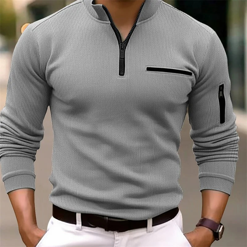 Nova camisa polo masculina de luxo leve e casual, estilo retrô esportivo, com zíper listrado no braço, ideal para moda ao ar livre e mangas longas.