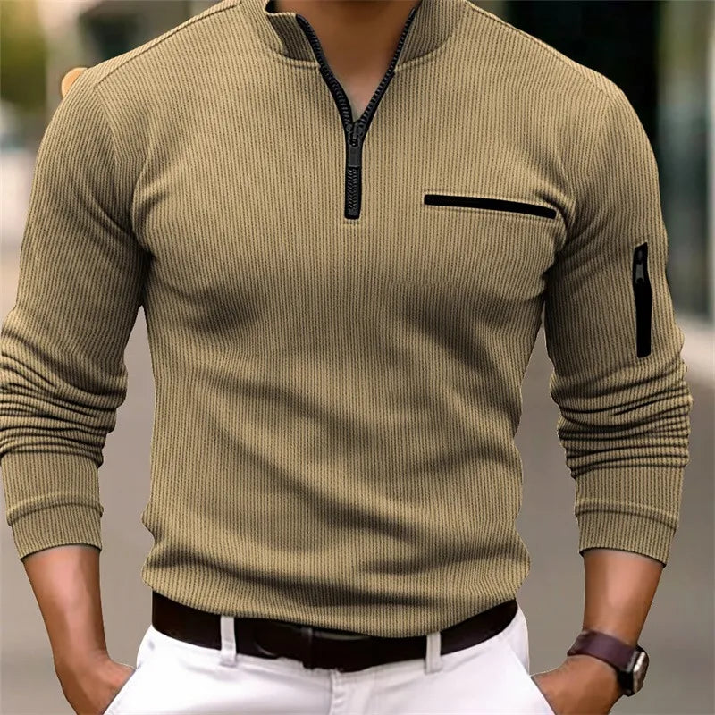 Nova camisa polo masculina de luxo leve e casual, estilo retrô esportivo, com zíper listrado no braço, ideal para moda ao ar livre e mangas longas.