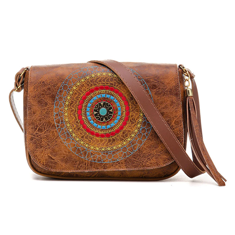 Bolsa Feminina Pequena Preta Transversal de Ombro Couro Bordada Mandala