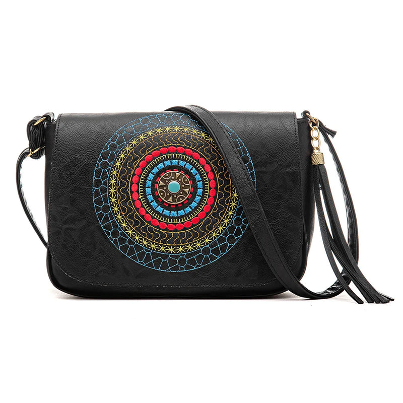 Bolsa Feminina Pequena Preta Transversal de Ombro Couro Bordada Mandala