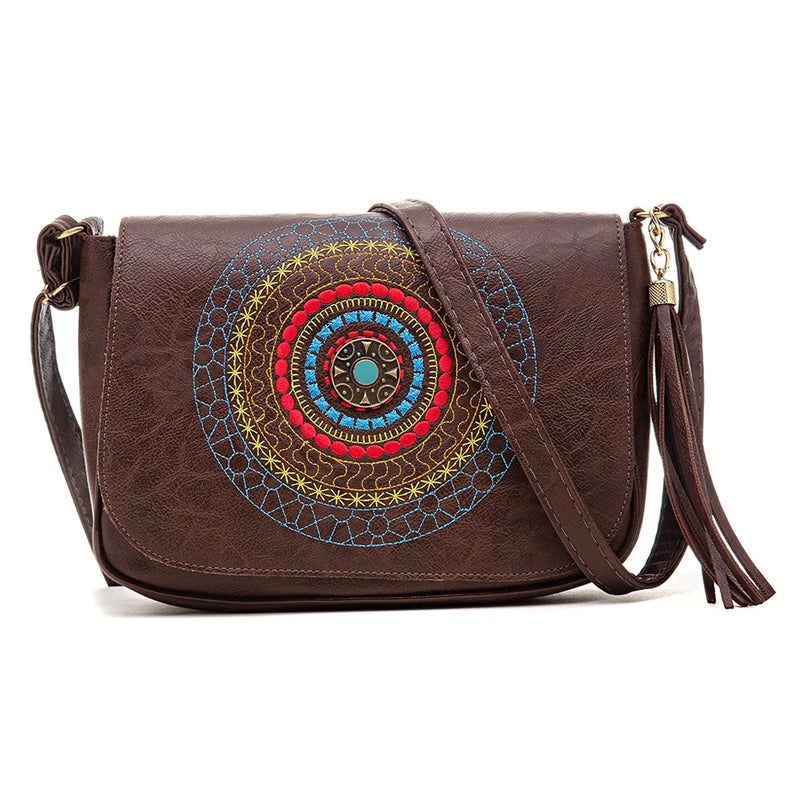 Bolsa Feminina Pequena Preta Transversal de Ombro Couro Bordada Mandala